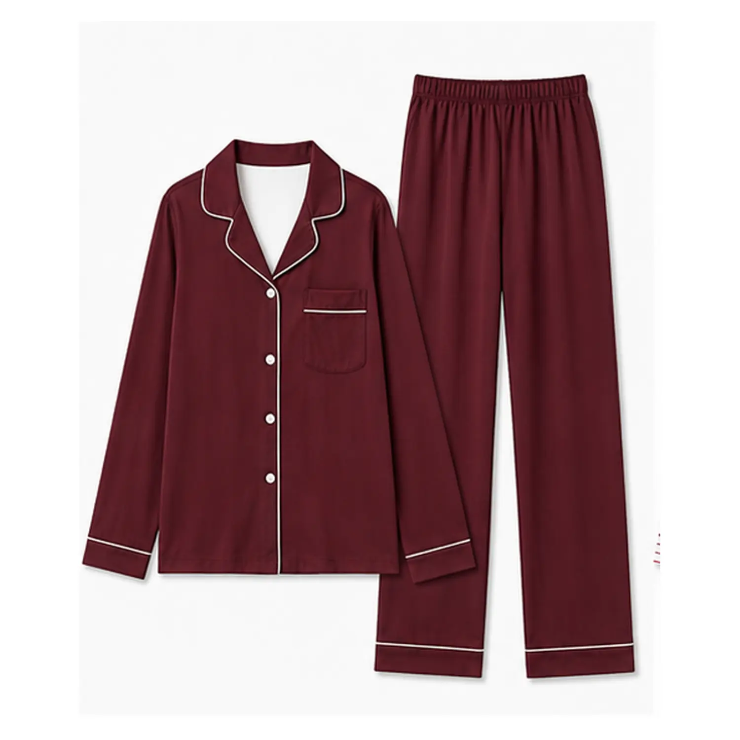 Burgundy Long Sleeve Button-Up Pajama Set with Piped Trim and Elastic Waist Pants for Cozy Autumn Winter Sleepwear