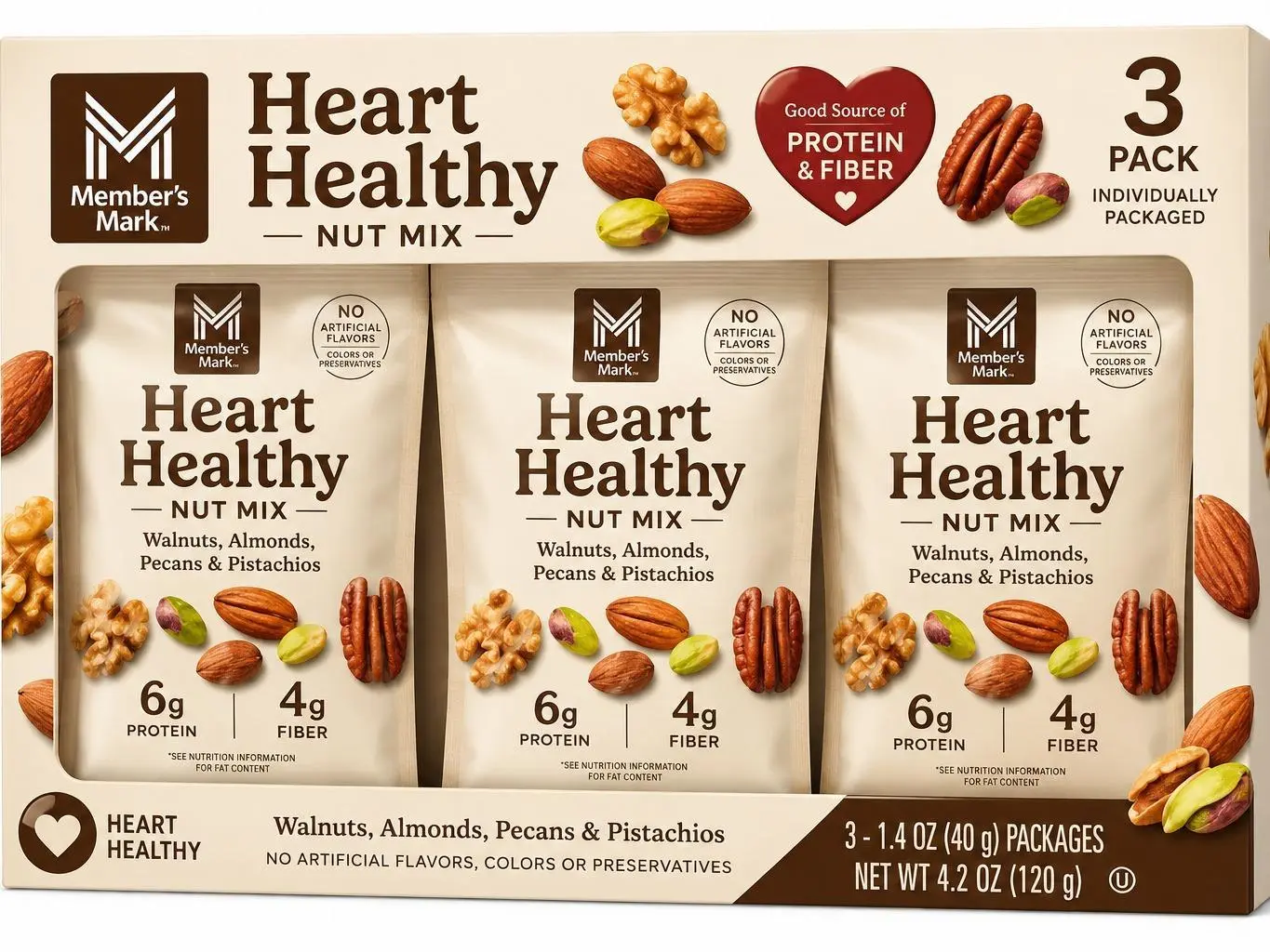 Heart Healthy Mixed Nuts Snack Pack, Walnut, Almond, Pecan & Pistachio Blend, 1.4 oz Individual Packs, 3 Pack