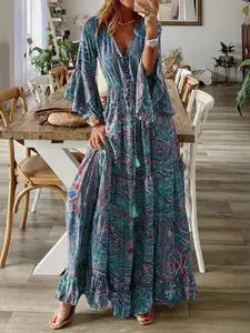 2026 Spring Summer New Bohemian Style Flare Sleeve Print V-Neck High Waist Fit Vacation Dress, Floral Long Dress for Women, Boho