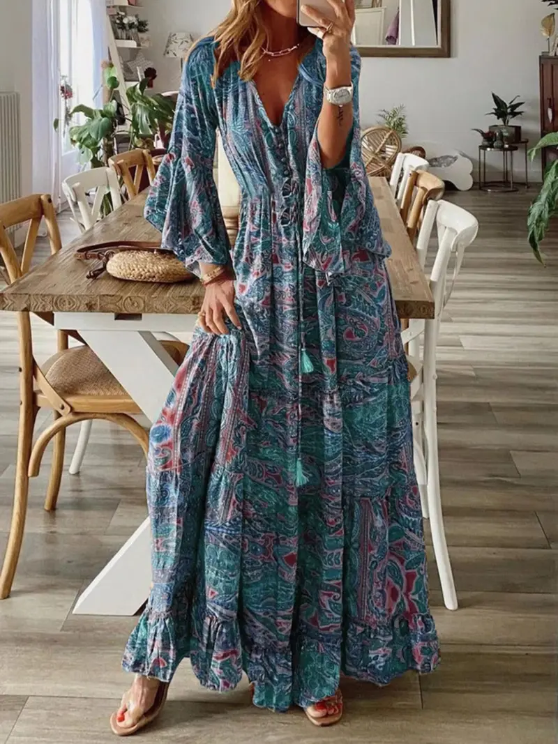 green emerald velvet dress Dress Sleeve Slim V-Neck Print Fashion Floral Women Long Casual Short  A-Line Women's Dress Split Long Maxi (Blue, M) at Amazon Women's Clothing  store main image 0