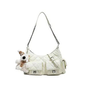 2026 Spring/Summer New Unisex Quilted Hobo Shoulder Bag|     Milky white multi-pocket design, with twist-lock closure, stylish underarm bag with cute plush charms, suitable for commuting and daily wear crossbody women casual plain Fashionable Plaid tote