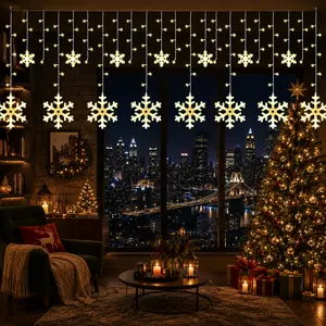 Battery Operated Snowflake Curtain String Lights | 11.5Ft 158 LED Warm White, Batteries Not Included, Connectable Indoor Outdoor Christmas Lights for Window, Porch & Eaves