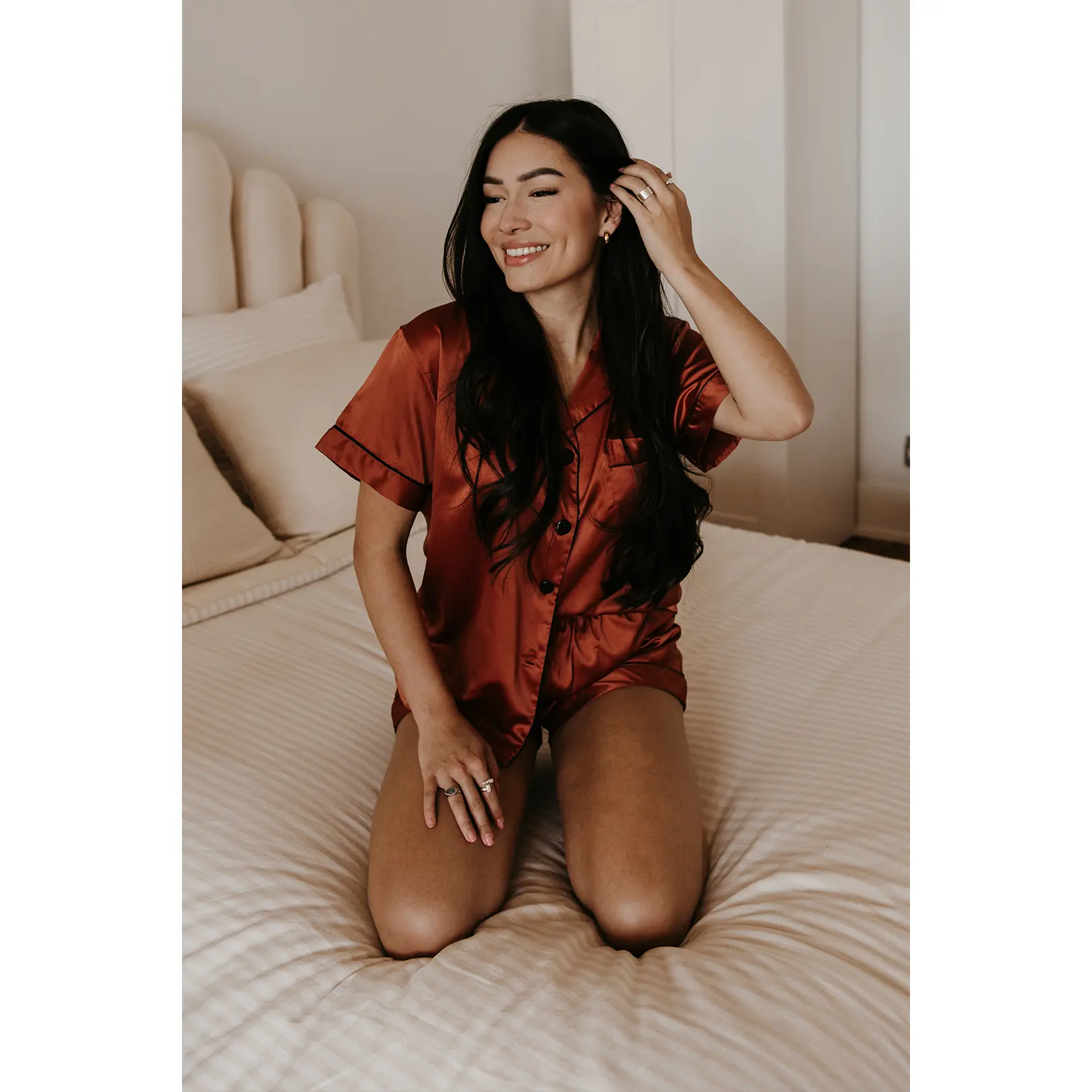 Burnt Orange Satin Pajamas Shorts Set, Rust Orange Pajamas, soft and stretchy pajamas, orange pjs, women's dark orange pajamas Contrast Lapel