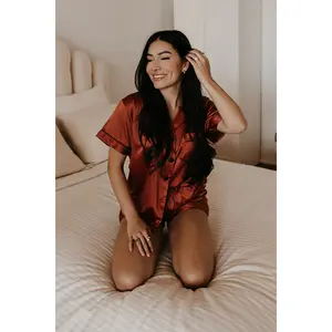 Burnt Orange Satin Pajamas Shorts Set, Rust Orange Pajamas, soft and stretchy pajamas, orange pjs, women's dark orange pajamas Contrast Lapel