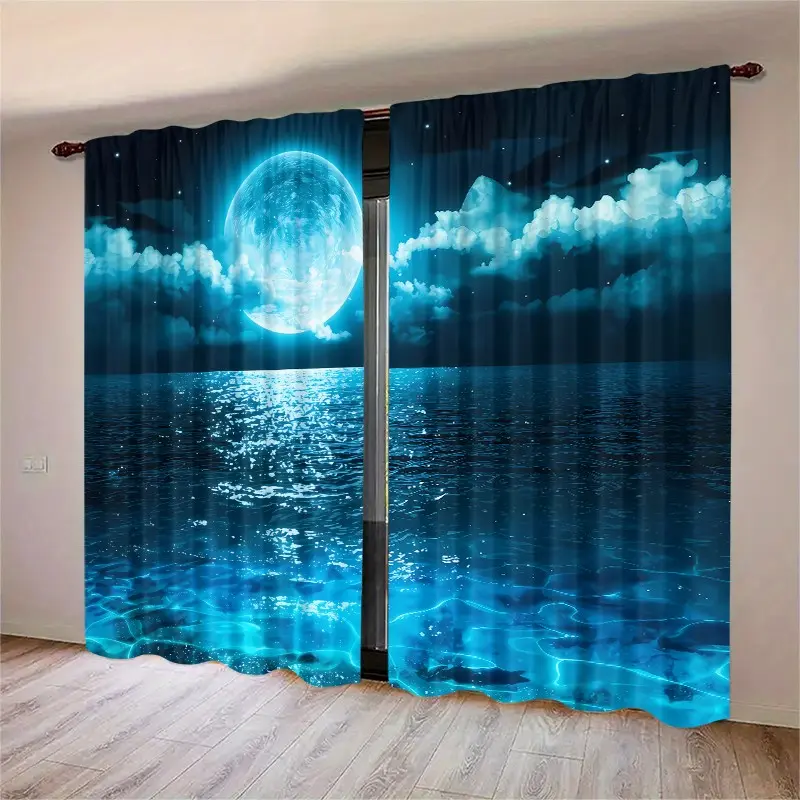 2 pieces of deep sea blue moonlit sea view printed decorative window curtains, semi-transparent for privacy protection, fade-resistant, machine washable and hand washable, suitable for bedroom and living room home decoration