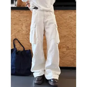 Men Men's Loose Fit Wide Leg Jeans With Pockets, Stylish Comfy Denim Pants, Street Style Fashion Streetwear White