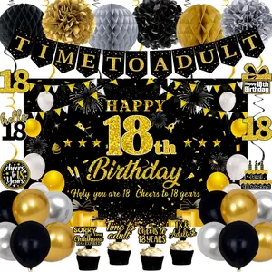 Birthday Decorations for Boys Girls, Black Gold Happy Birthday Party Decorations, Time To Adult Birthday Banner, Backdrop, Balloons, Hanging Swirls, BIrthday Cards, Cake Topper