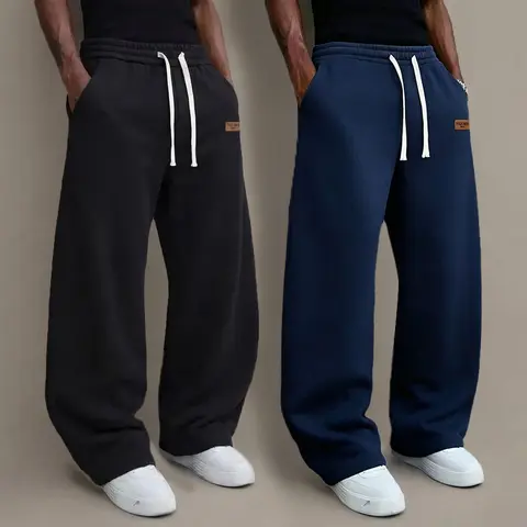 Men's 2-Piece Solid Color Loose Drape Sweatpants - Male All-Season Casual Wide-Leg Drawstring Sport Trousers with Pockets