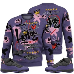 11 Canyon Purple Ugly Sweater, Canyon Purple 11s Shirt, Happy Love Beats Graffiti Outfits Streetwear Unisex Sneaker Matching Shirts Fabric Menswear Acrylic Hoodie