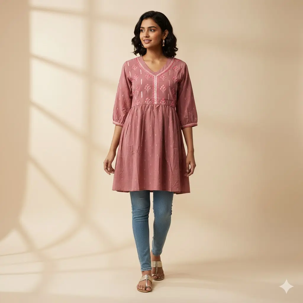 Rosewood Embroidered Boho Kurti Dress V Neck 3/4 Puff Sleeves Flowy A Line Silhouette Perfect for Everyday Wear Festive Gatherings Office Casual Brunch
