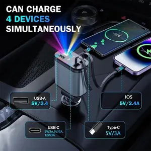 4 in 1 66W Fast Charging USB Car Charger, Dual Retractable Type-C Cables & Ambient Starry Sky Projector, QC3.0 Tangle-Free Car Electronics for 12-24V Vehicles