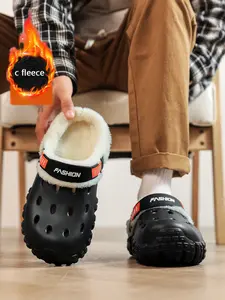 Adult Comfortable Warm Indoor Shoes, Casual One-Step Home Slippers, Fashion Fleece Lined Hole Design, Medium Width, Winter Style