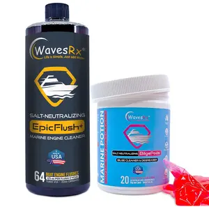 WavesRx Marine Engine Flush & Protectant EpicFlush + Salt-Neutralizing Bilge Cleaner BilgePods - Removes Salt & Rust, Boat Engine Cleaner & Protector, 64 Flashes, 20 Pods - All Purpose Degreaser