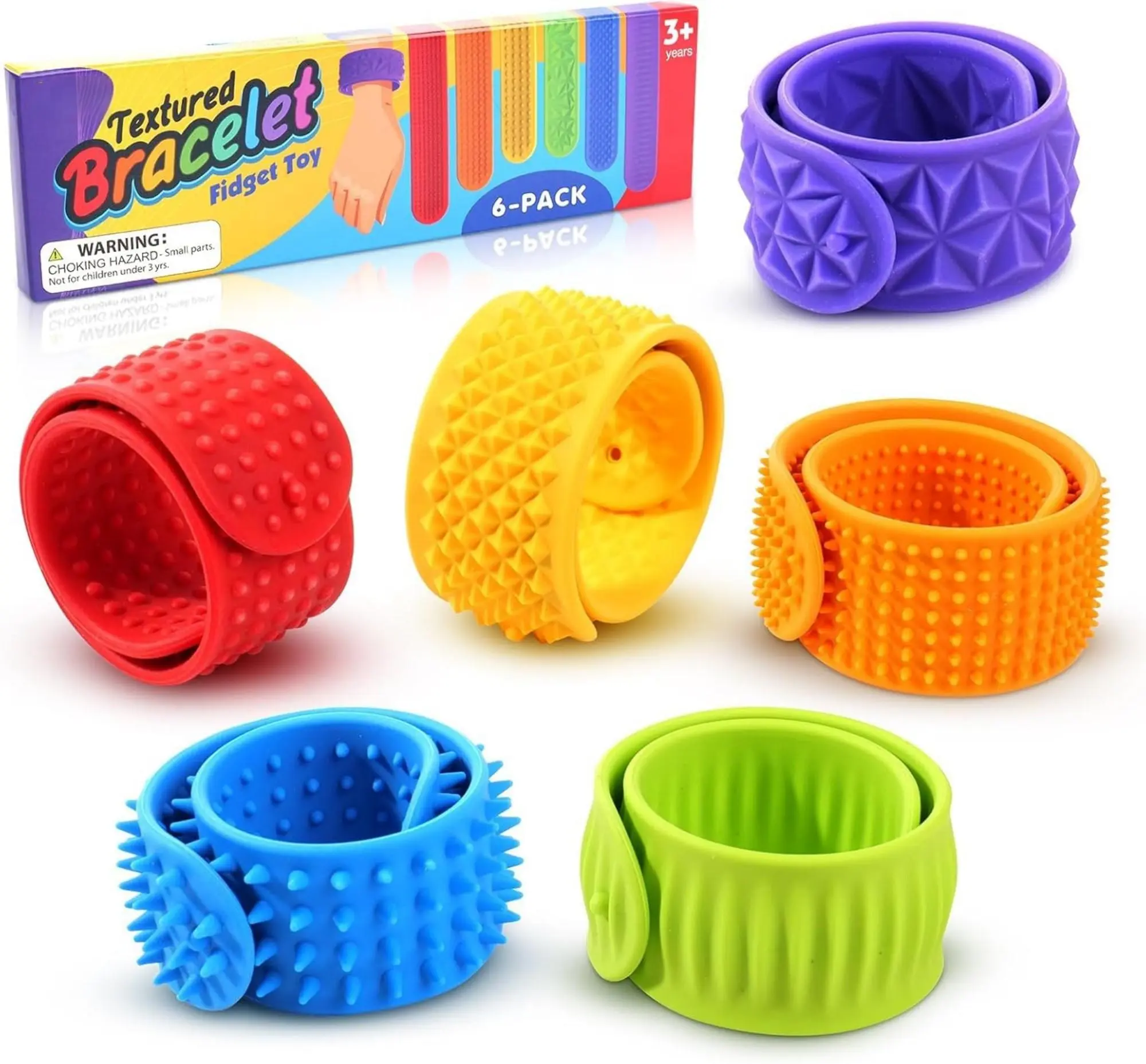 Unisex 8-Inch Textured Silicone Slap Bracelets 6-Pack - Flexible Steel Band Fidget Toys, Wearable Sensory Tools with Comfortable Fit for Kids, Water/Wipe Clean, Sensory Input Boost, Classroom Rewards Great Gifts, Calming