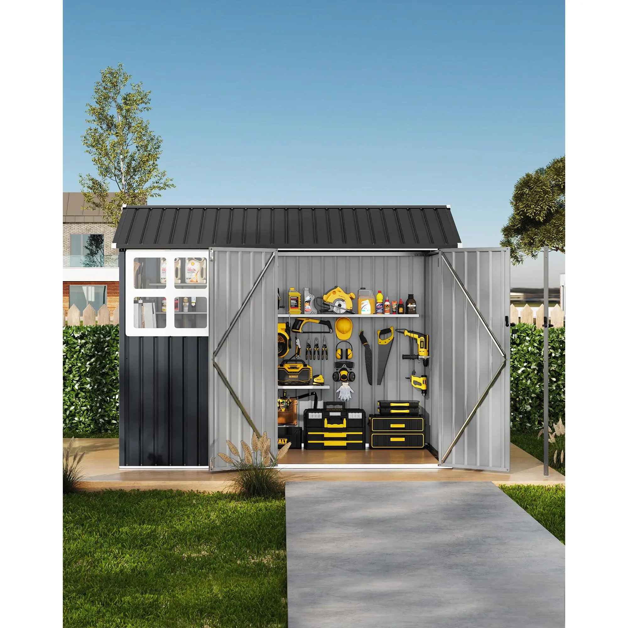 Garvee 6x8 ft Heavy Duty Weatherproof Metal Outdoor Storage Shed, Updated Frame Structure, Lockable Doors & Windows, Ideal for Backyard Garden Patio, Heavy Duty Shed, Weatherproof Metal Shed