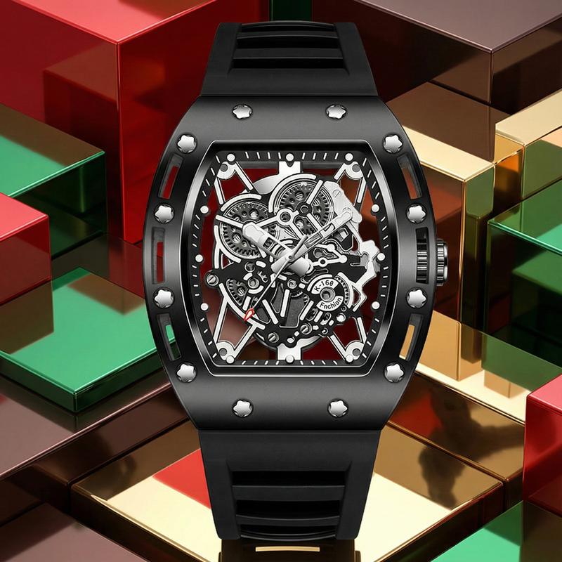 Men's Barrel-Shaped Skeleton Watch Black and Gold Tone Water Resistant 30M Quartz Analog Wristwatch with Silicone Strap for Daily & Outdoor Use Birthday Gift Idea