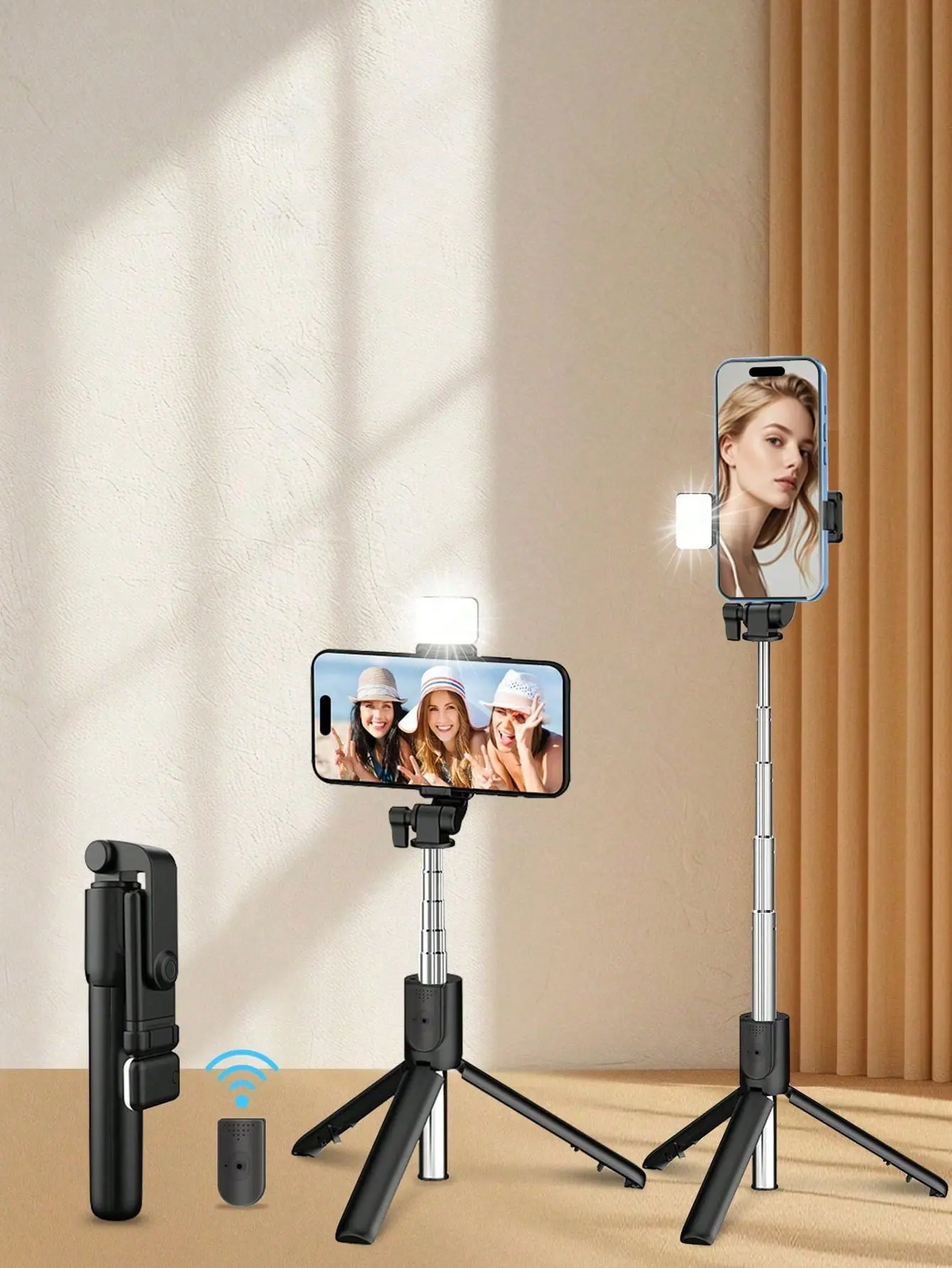 2-in-1 Extendable Selfie Stick Tripod with Fill Lights, Wireless Remote, 360° Rotatable Handle, Portable Travel Vlogging Kit for Video Recording, iPhone & Samsung Compatible Party Gift Essential