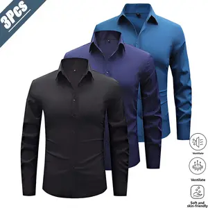 Men’s solid-color long-sleeve shirt, 3-pack essential for all seasons; casual and suitable for commuting. Soft, skin-friendly, breathable fabric—comfortable to wear. Classic notched lapel design is simple yet elegant, with a single-breasted front closure