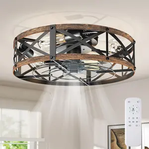 Embedded Ceiling Fan with Lights, Bladeless Silent Ceiling Lamp with Mesh Cover, Remote Control 6 Speeds Timer Reversible Motor for Bedroom Kitchen, 19/22 Inch