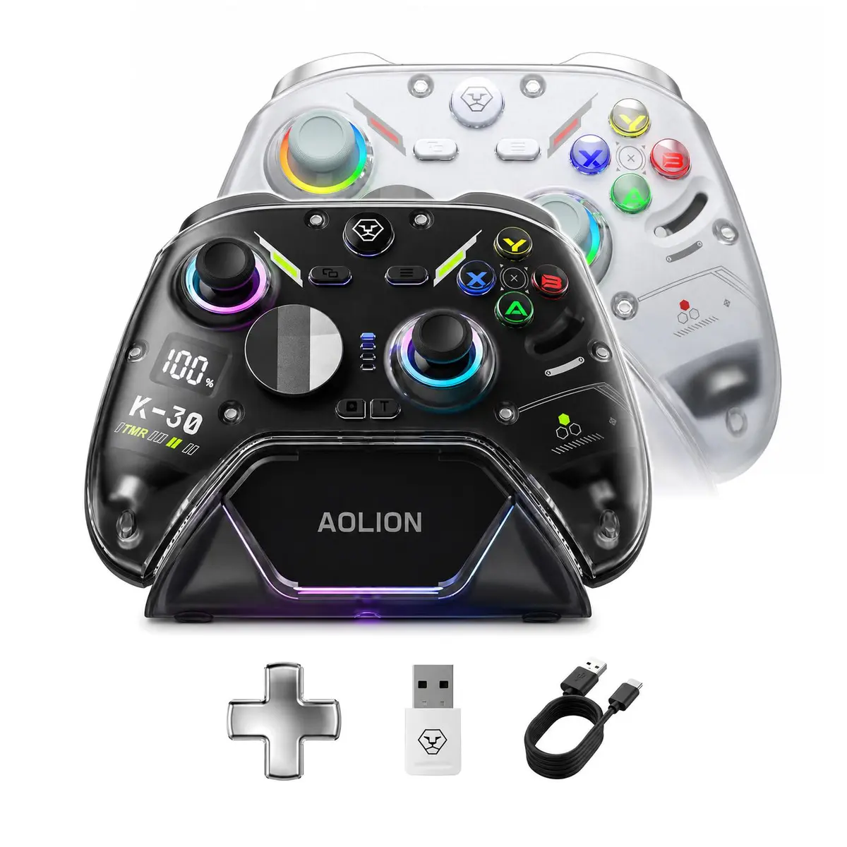 AOLION K30 Wireless Game Controller (Not for Xbox/PS) -Charging Dock Bundle- TMR Anti-Drift Joysticks, Switchable ABXY Layout, Dual Trigger Modes, Adjustable-Height Thumbsticks, Compatible with Switch, PC, iPad & Android Button Cable