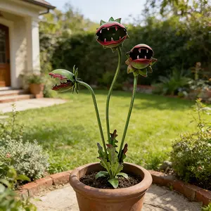 3D Painted Metal Man-Eating Flower Statue, Weather-Resistant, 3 Heads, Outdoor Decor for Garden, Lawn, Halloween, Haunted House