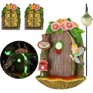 Light-Up Fairy Door and Windows for Trees or Walls - Miniature Garden Accessories, Enchanted Tree Stump Decor for Magical Fairy Gardens