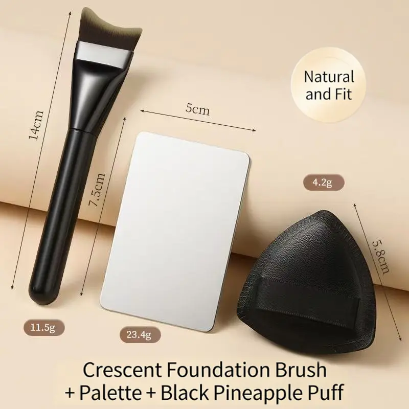 3-in-1 Base Makeup Kit - Crescent Foundation Brush, Makeup Mixing Palette, Triangle Pineapple Powder Puff - Portable Professional Tools for Daily Face Use