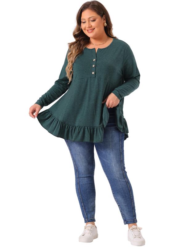 Agnes Orinda Plus Size Casual Top Women Henley V Neck Button Up Long Sleeve Sweet Cute Ruffled Hem Blouse Top Dark Green