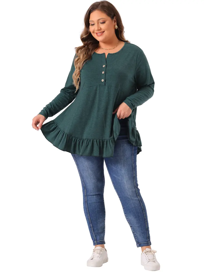 Agnes Orinda Plus Size Casual Top Women Henley V Neck Button Up Long Sleeve Sweet Cute Ruffled Hem Blouse Top Dark Green