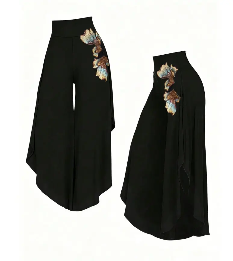 Women's Elegant Classy High-Waisted Asymmetrical Hem Wide Leg Pants Sequin Floral Embroidery Loose Flowy Fit Black Autumn Birthday Bar Party Night
