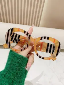 Fashionable retro plaid color-block oval frame blue light blocking glasses, high-end everyday non-prescription glasses