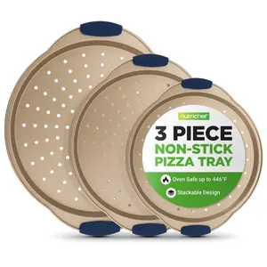 3-Piece Pizza Tray Set for Crispy Pizzas - Gold | Nonstick Carbon Steel Pizza Pans With Perforated Holes & Grip Silicone Handle - Even Heat Baking Trays, Dishwasher Safe - Kitchen Bakeware Accessory