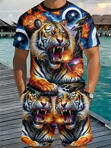 Tiger Star Moon Full Print Men's Round Neck 3D Digital Printing Two-Piece Set, 2Pcs, Trendy and Fashionable Set, Trendy Retro Casual Two-Piece Set, Vacation Style Trendy Outfit, Breathable Sports Casual Style, a Perfect Holiday Gift for Men
