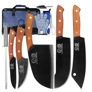 Portable Chef Knife Set Professional, Full Tang Kitchen Knives, Camping Vegetable Santoku Knife, Slicing Boning Chef Knives with Bag, Honing Steel, Scissors, Gloves