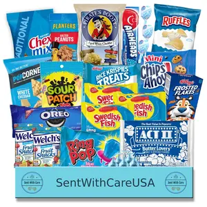 Blue Snack Box Care Package – Blue Gift Basket with Name Brand Candy & Snacks | Party Favor, College & Birthday Gift Idea