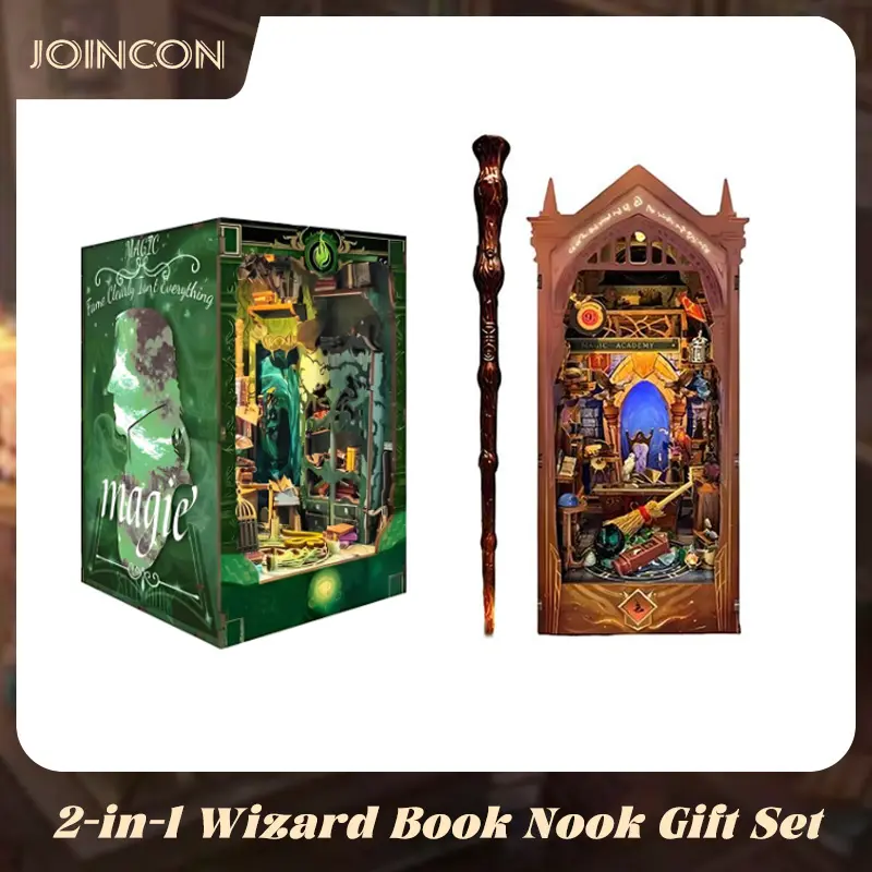 2-Pack DIY Wizard Book Nook Miniature Set - Magic Academy & Slytherin-Style Wizardry Look Bookshelf Insert Building Kit, LED Lights Fantasy Theme DIY Model Kit, Perfect Gift for Fantasy Fans, Building Set