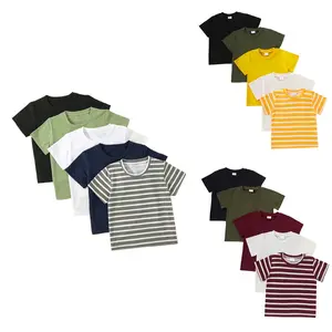Boys Solid Color & Striped T-shirt ,Casual Short Sleeve Crew Neck Tee for Summer Outdoor,5 Packs,Sizes 1-8Y Ready Stock 24002