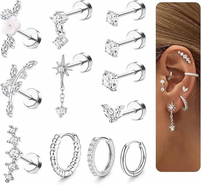 Trendy Earring Stack for Multiple Piercings | 12Pcs Flat Back Studs Set | Sleep-Safe Surgical Steel | Minimalist Daily Jewelry for Sensitive Ears