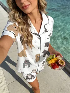 Women's Everyday Short Sleeve Shorts Cardigan Pajama Pyjamas Sleepwear Loungewear Set, Cartoon Cute Pet Dog Full Print, Comfortable Breathable Home Essentials