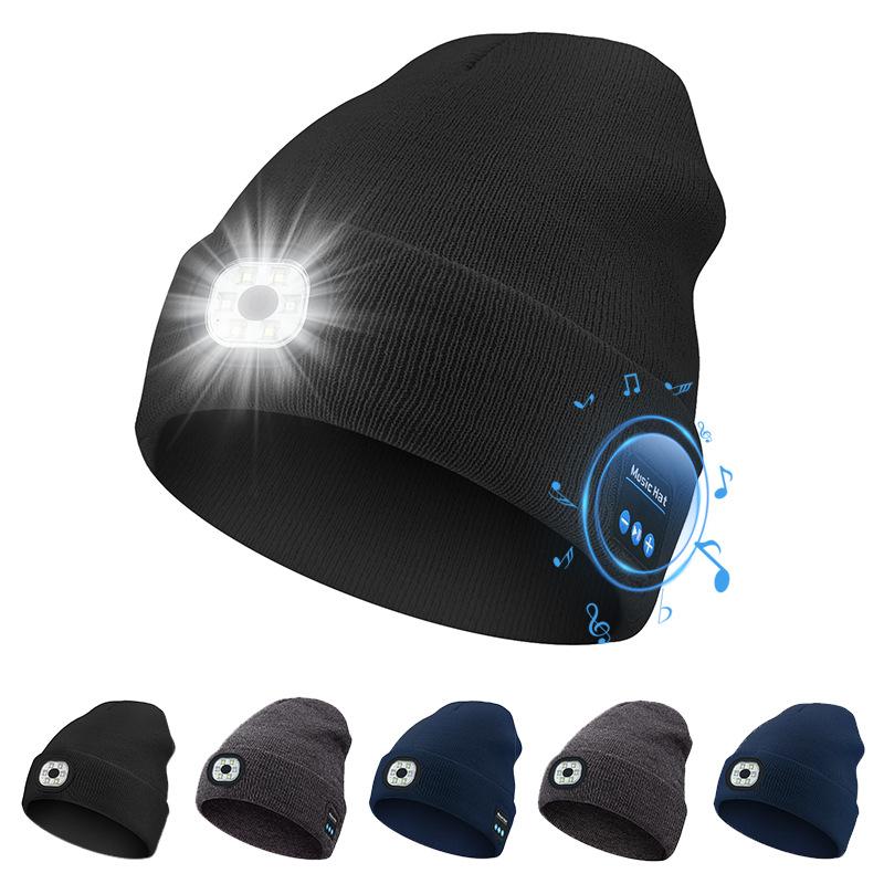 Bluetooth Beanie with Light, Unisex USB Rechargeable 4 LED Fashlight Hat with Cordless Headphones, Unique Christmas Birthday Gifts for Men Husband Teen warm beany Knit Balaclava Outdoor Activities skull cap cycling Spider Web sport lightweight sweat