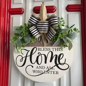 1 Count Letter Pattern Hanging Wooden Sign, Decorative Plaque, Bless This Home and All Who Enter Lettering Ornament, Hanging Decor for Front Door, Outdoor, Decorations for the entrance of a newlywed couple's moving-in ceremony