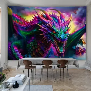 1Pc dragon pattern fluorescent medieval retro large size black light tapestry wall hanging, live background, holiday gifts, Home Decor Supplies, suitable for home, party decor, with free accessories