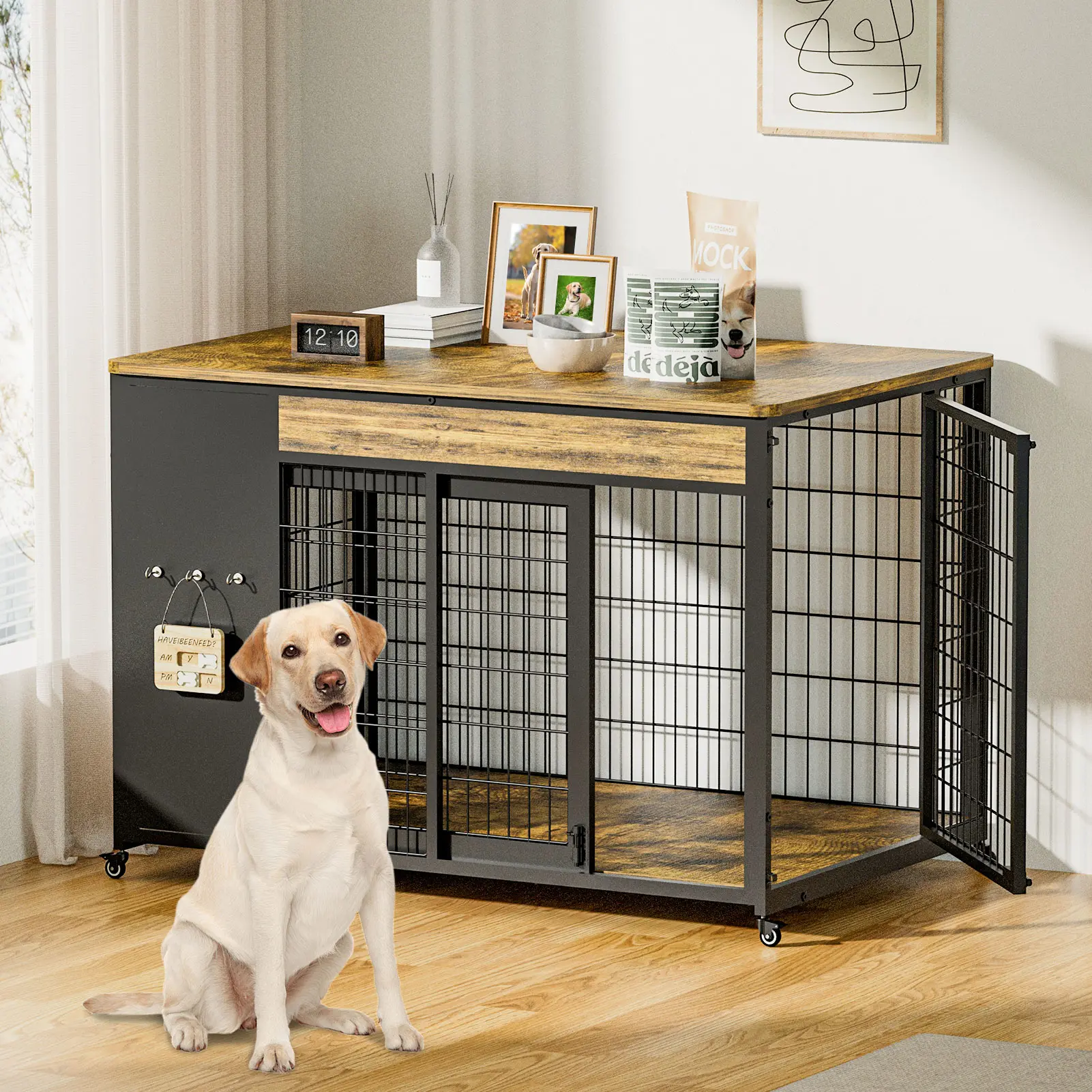ZZWHOM 42-Inch Double Wide Solid Wood Top Double-Door Dog Crate Side Table Combo - Heavy-Duty DIY Assembly, Chew-Resistant Construction, Feeding Reminder, Indoor Living Room Functional Home Decor for Large Breeds