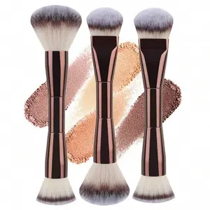 3pcs Dual-Ended Makeup Brush Set, Flat Foundation Brush & Powder Contour Brush, Soft Hair Beauty Tool, Multifunctional Cosmetic Brushes, Makeup Blending Brush, Dual Tip Brush