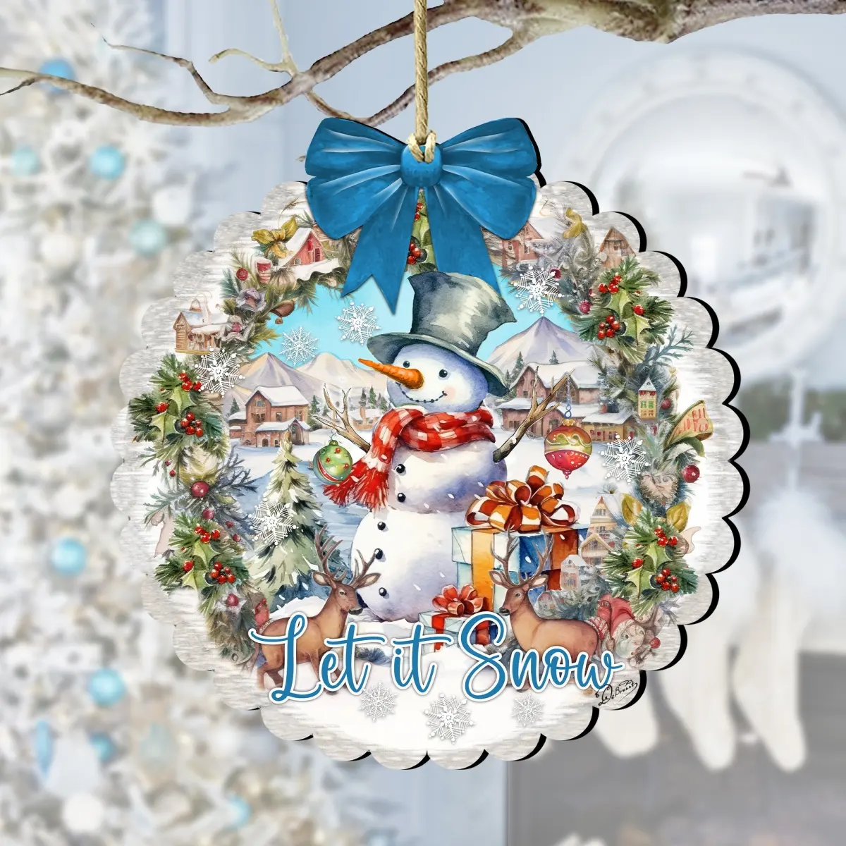 Designocracy 933122 Plywood Artistic Wooden Christmas Ornaments - 5x5.5x0.25 in Santa & Snowman Decor, Weatherproof Home Supplies Gift for Indoor Festivities