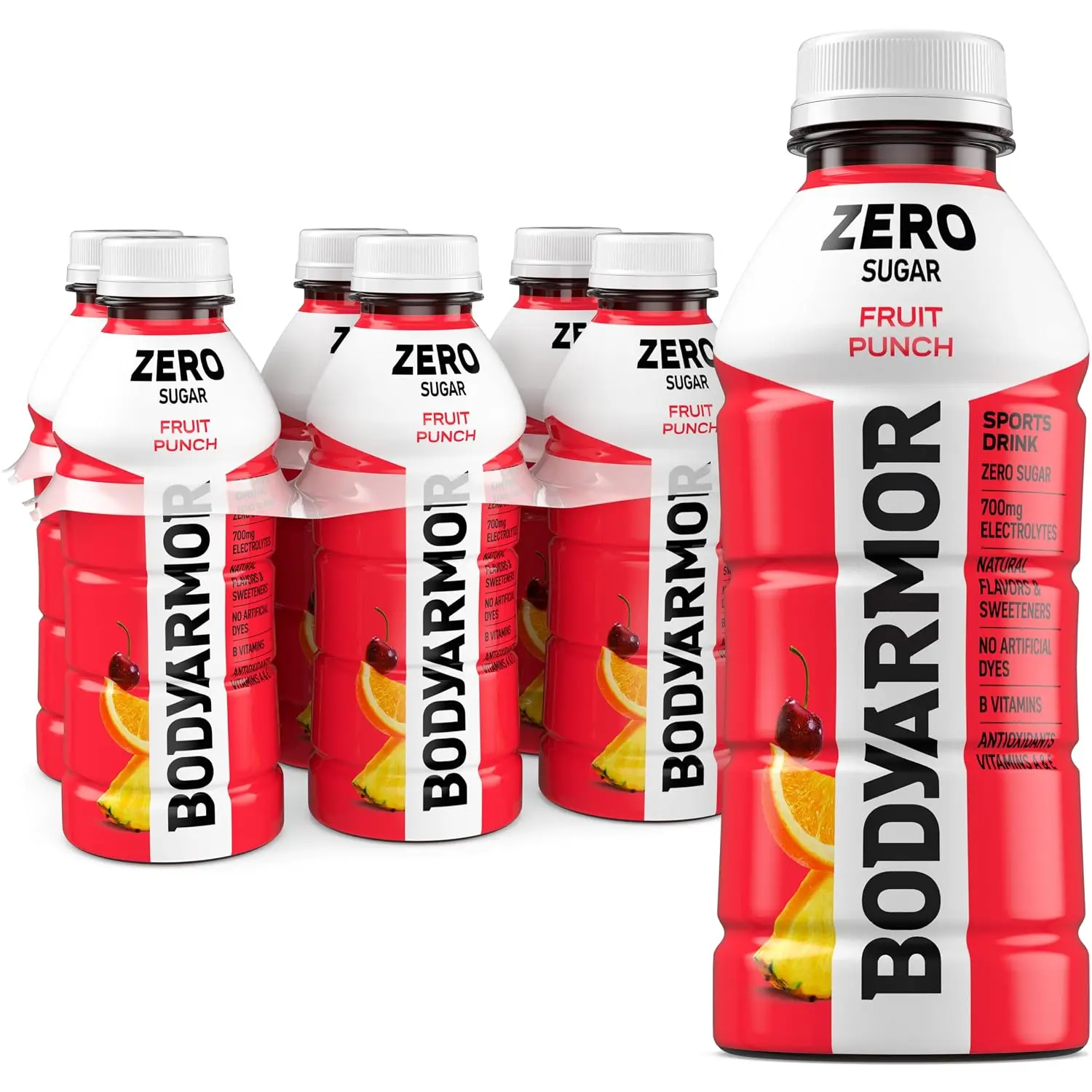 BODYARMOR ZERO Sugar Fruit Punch Electrolyte Drink, Natural Flavors, 16 Fl Oz Bottles (6 Pack), B Vitamins & Antioxidants Sugar Free Hydration