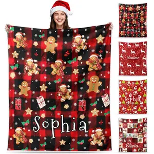 Personalized Christmas Blanket, Custom Name Gingerbread Moose Snowman Candy Cane Blankets, Soft Cozy Throw Blanket for Kids Adults Family, Christmas Vacation Blanket for Couch, Bed, Xmas Movie Night