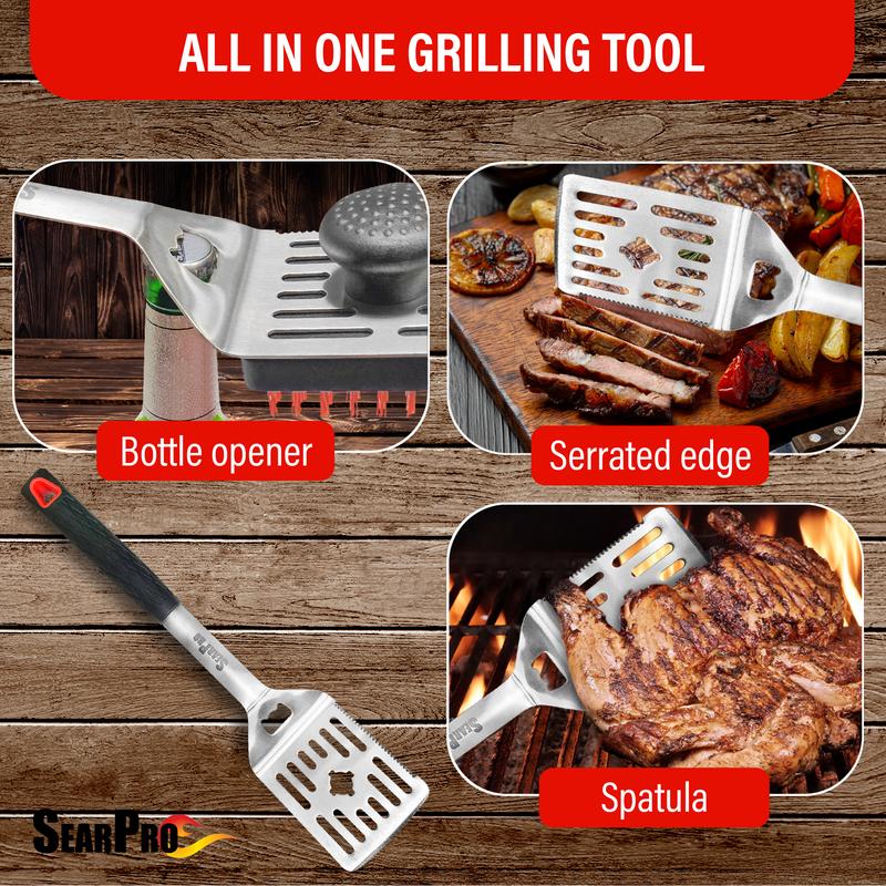 SearPro 4-in1 Grill Brush Spatula BBQ Cleaner Scraper Barbecue Tool Accessories Kit Heat Resistant Nylon Bristle Spatula Outdoor Smoker Black Stone Grate Cast Iron Spatula Non-Wire Brush Combo