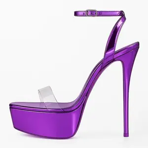 Sexy light luxury fashion women's shoes round head  Roman buckle strap high heel purple Flat platform sandals Silver high heels sandals