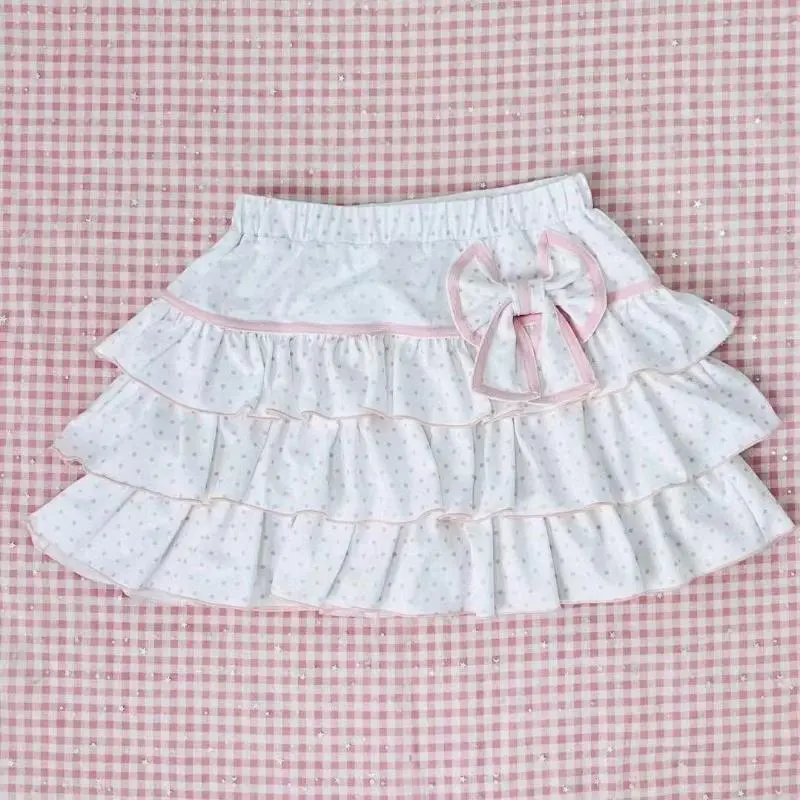 Summer Wave Point Printing Kawaii Mini  Skirts Womens Cake Jupe High Waist Bow Skirt Y2k Aesthetic Sweet Ruffled Gothic Faldas